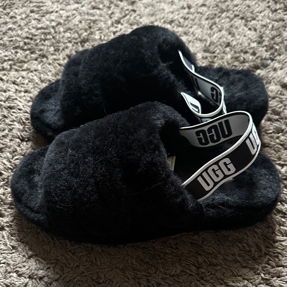 UGG Black Fluffy Slides with Logo Strap
